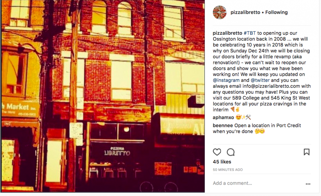 Pizzeria Libretto closing for renos