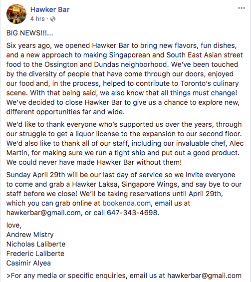 Hawker Bar closing